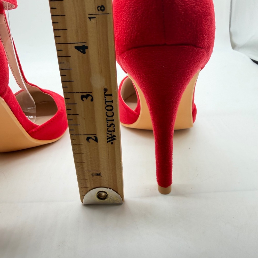 Red Faux Suede T-Strap Pumps Womens Size 9 Round Toe Stiletto Heels Ankle Strap - Picture 6 of 8